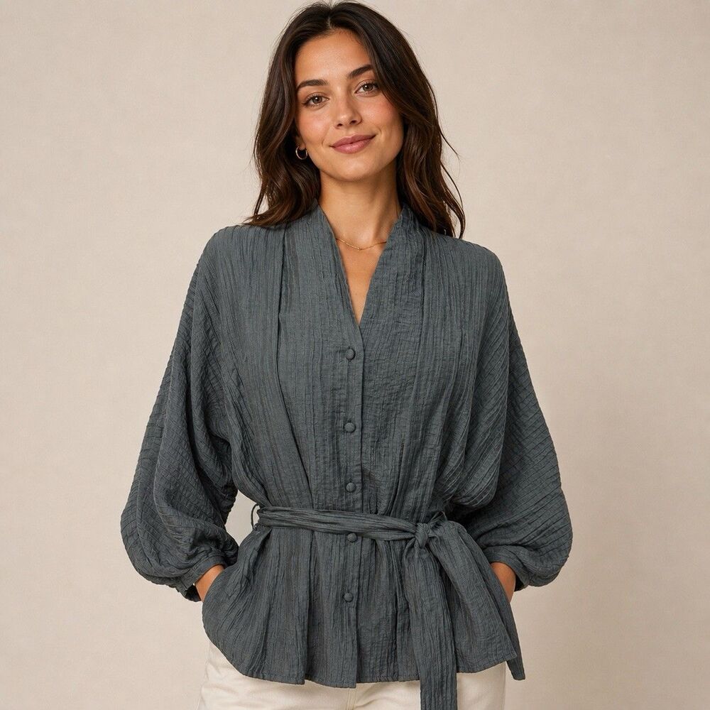 Umgee Pleated Dolman Belted Blouse Top Medium Green Minimalist Luxury Capsule